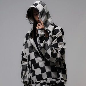 VAGUE STUDIOS Cotton Waffle Zip Up Hoodie Black and White Checkered Size Medium